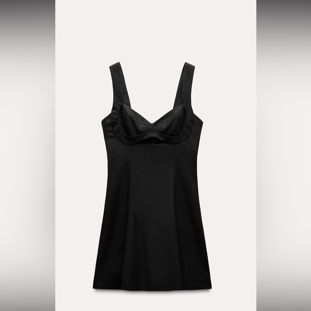 Zara linen Black Mini Dress with Sweetheart Neckline